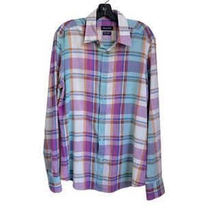 Men's Massimo Dutti Purple Madras Plaid‎ Long Sleeve Button Down Casual Shirt L